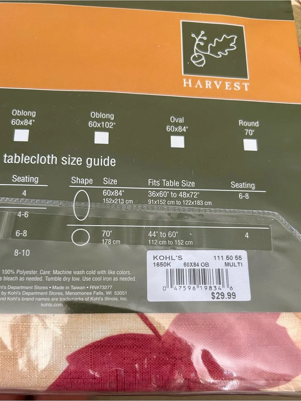 NWT Fabric Tablecloth Harvest Maplewood Fall Leaf Leaves 60”x 84” Autumn 6-8 ppl